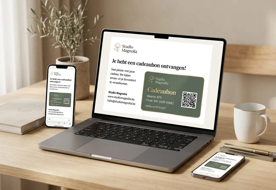 Digital gift card on laptop and smartphone.