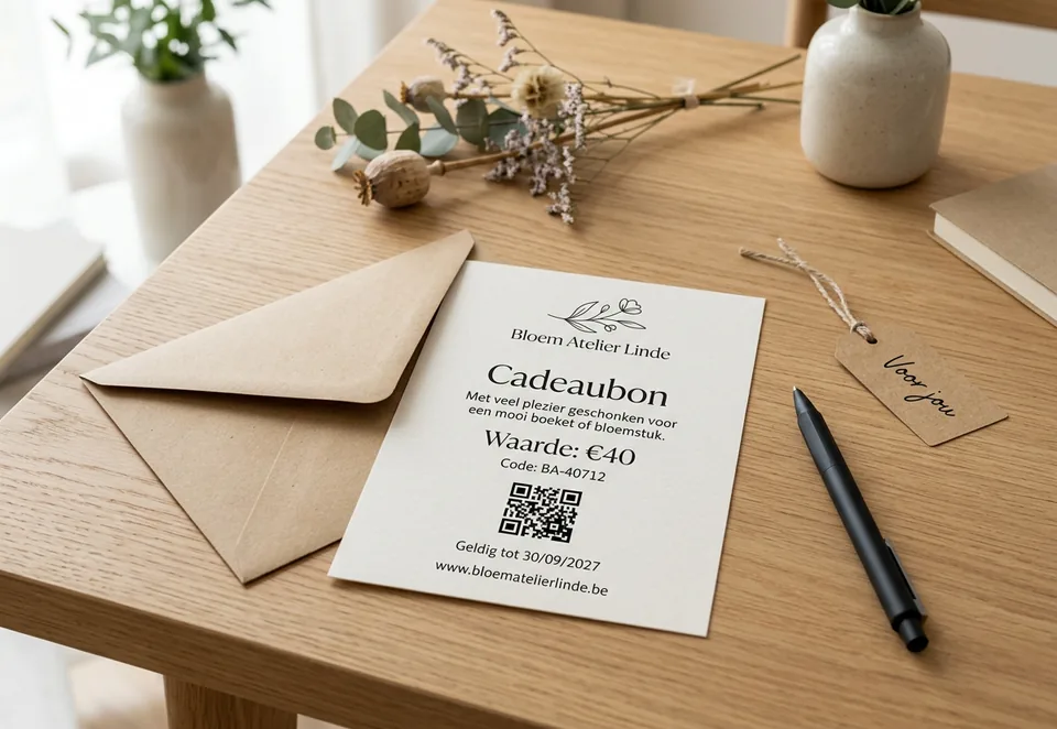 Printed physical gift card on a wooden table.