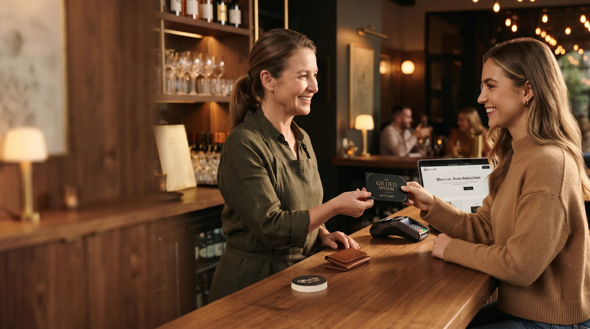 A customer receives a stylish gift card in a warm hospitality setting.
