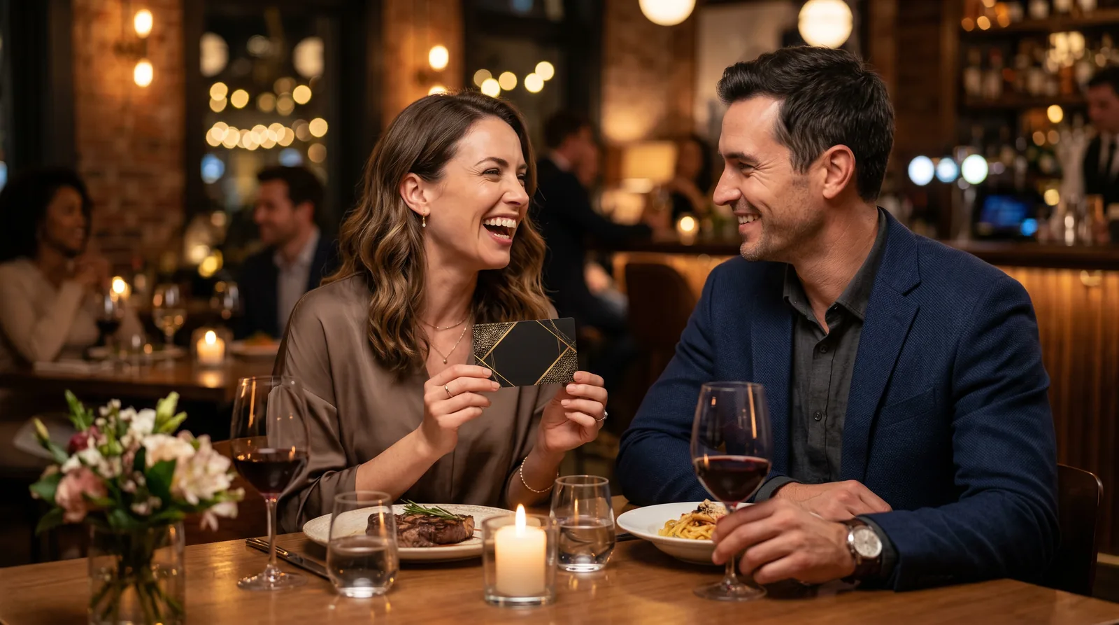 A couple in a restaurant with a stylish gift card.