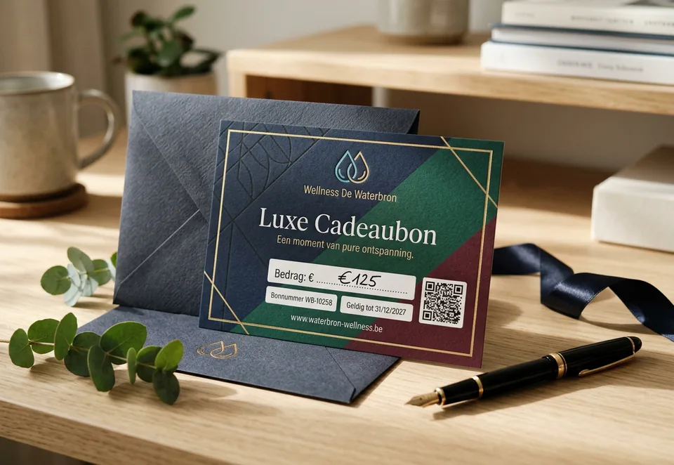 Voorgedrukte fysieke cadeaubon met envelop in premium huisstijl.