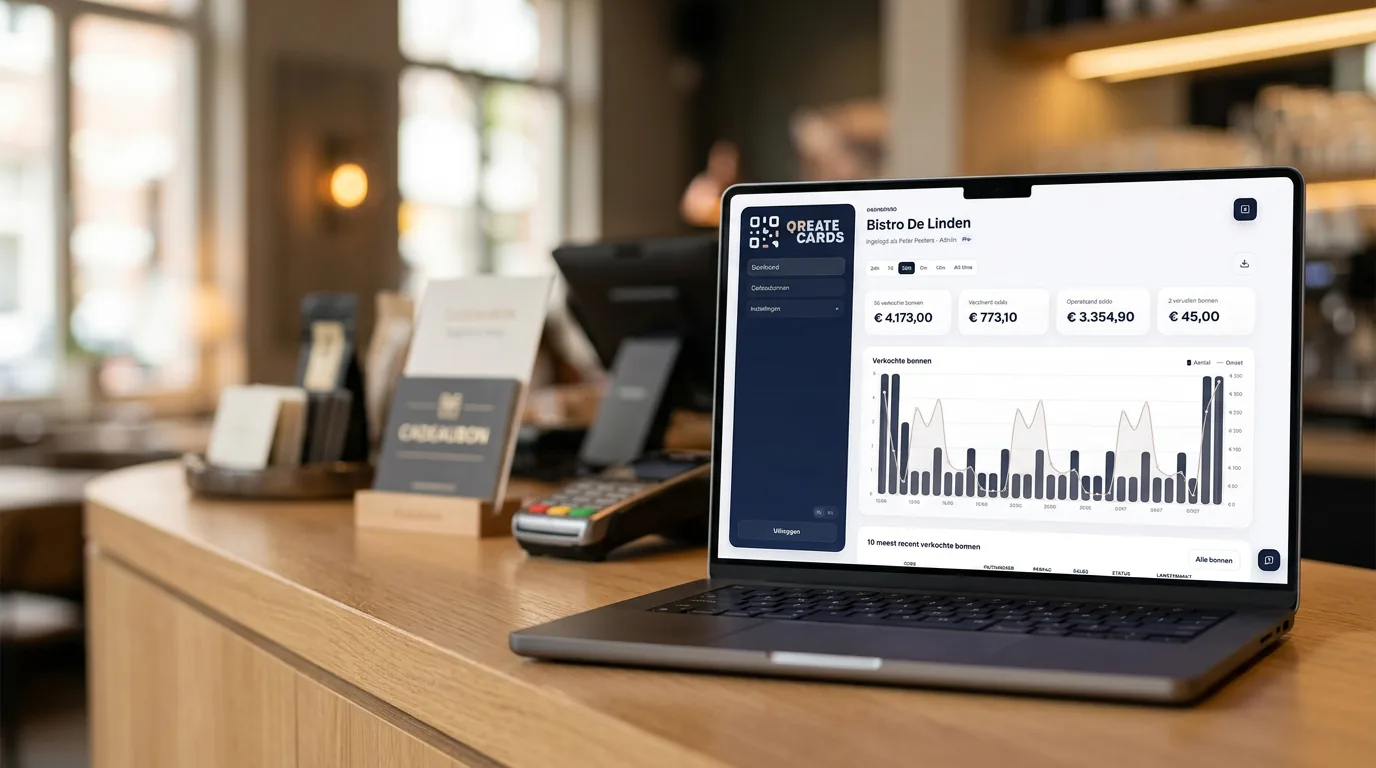 QReateCards dashboard op een laptop in een horecazaak.